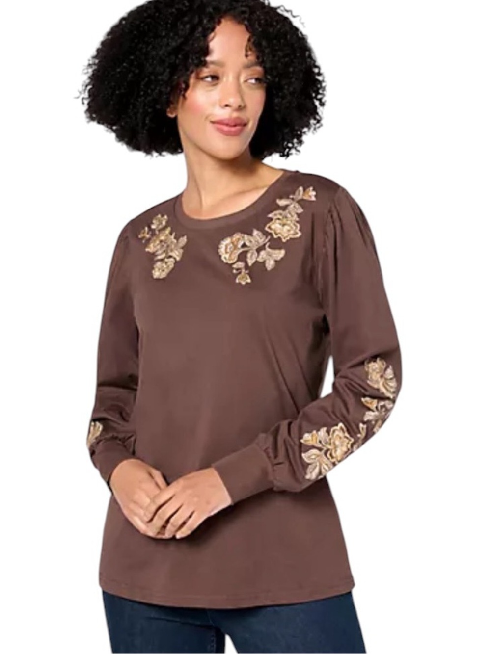 Driftwood Clare crew neck floral embroidered long sleeve shirt taupe veranda